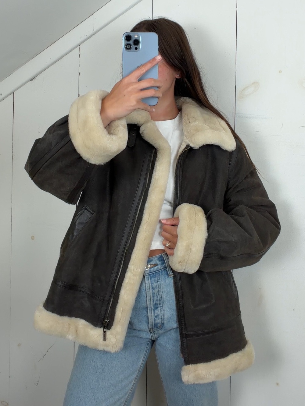 Vintage Brown Genuine Leather Shearling Lined Jacket Women’s Lined Funnel Neck